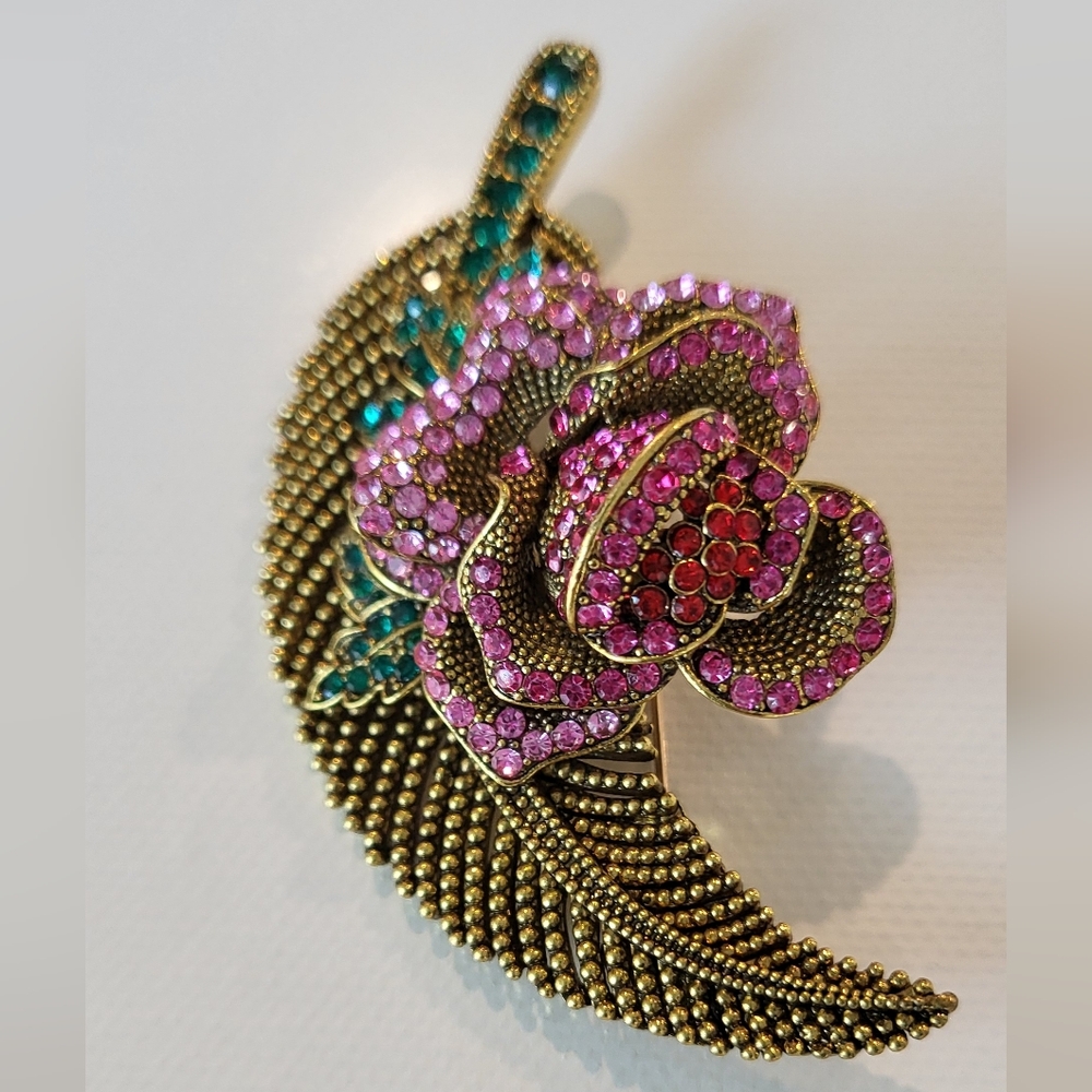 Stunning Pink and Green Floral Rhinestones Brooch